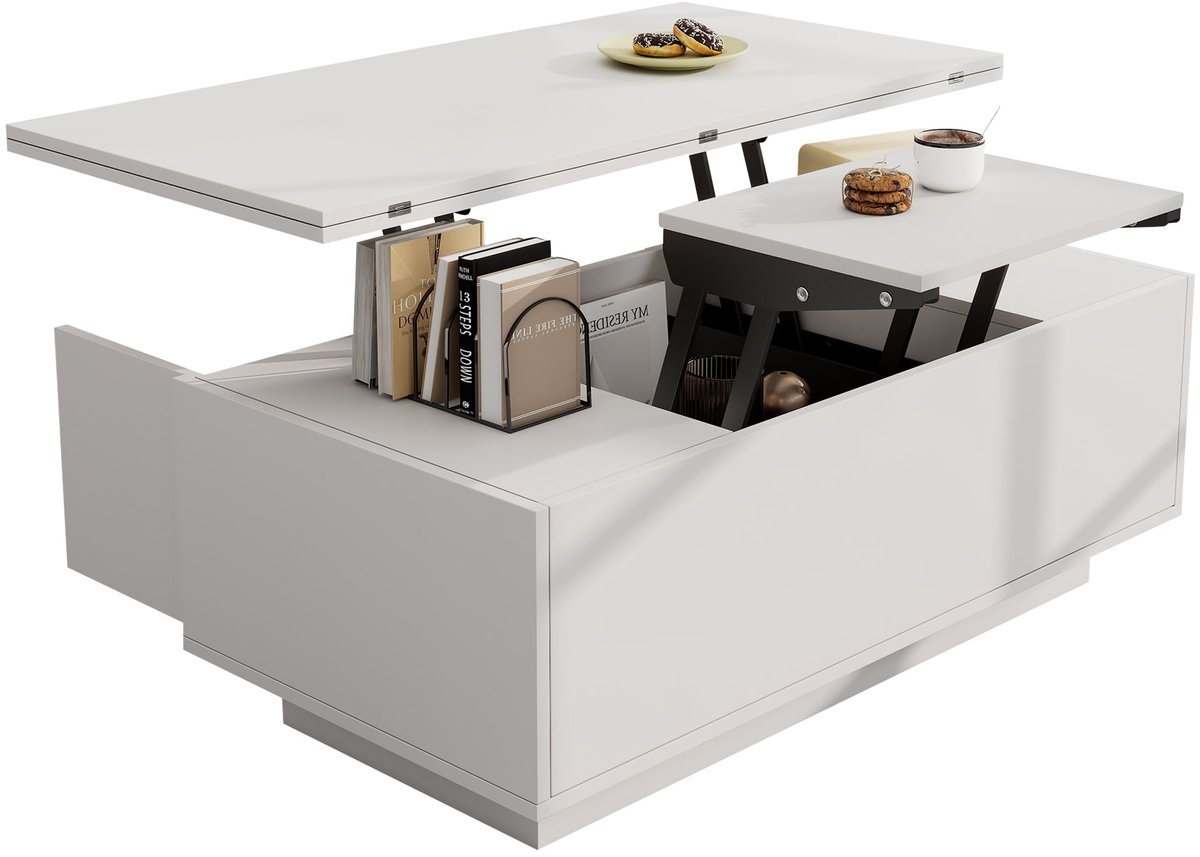 Merax Salontafel 100x50 met Verstelbaar Tafelblad en Verborgen Opbergruimte – Wit