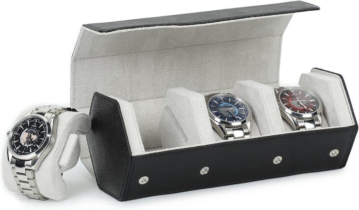 Allecto Plus - Echt lederen zeshoekige horlogekoker voor 3 horloges zwart - Reis horlogebox met beschermende opbergdoos - Stijlvol en handig