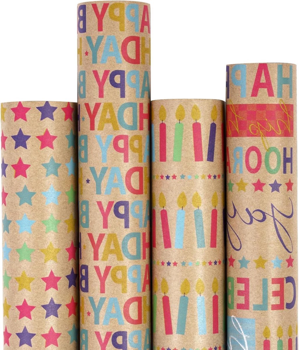 Allecto Plus - Kraftpapier cadeaupapier met kleurrijk verjaardagstekst design - 4 rollen van 76 cm x 3 m