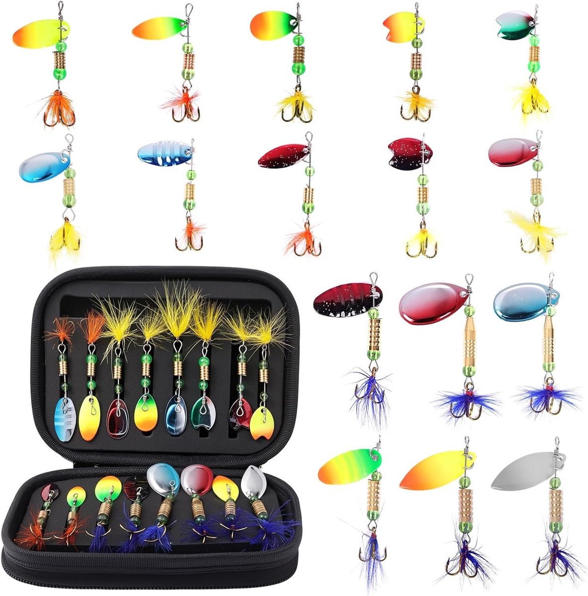Allecto Plus - Kunstaas spinner set met knipperlichten - 16 stuks - forel baars snoekbaars zalm snoek walleye - pailletten - opbergdoos.