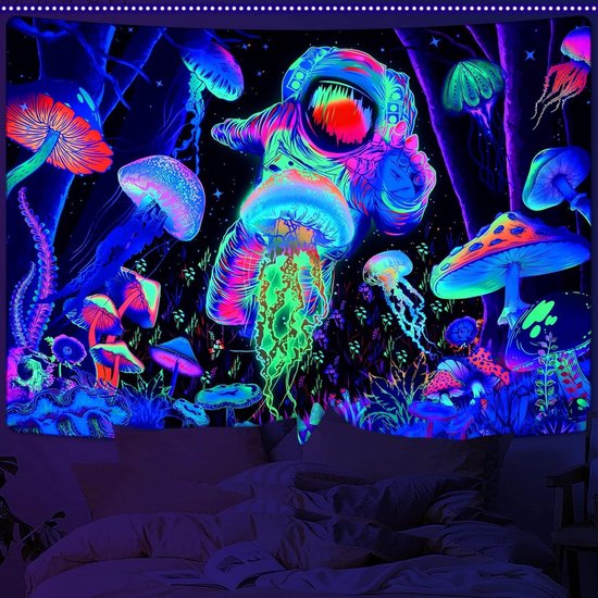 Allecto Plus - Abstract Zwartlicht Wandtapijt UV Kunst Psychedelisch Wanddoek voor Thuisdecor Astronaut Muurkunst - 210 x 150 cm