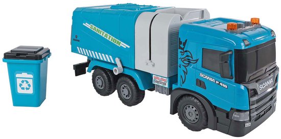 Blauwe vuilniswagen met 'Sanitation' logo, oranje zwaailichten, en een blauwe vuilnisbak ernaast.