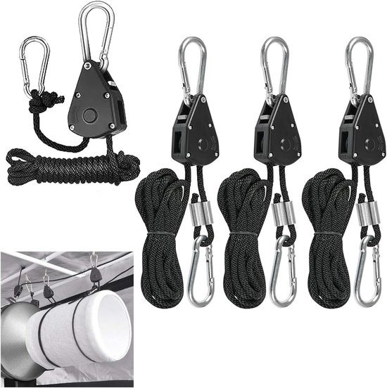BOSYTRO 6 Paar (12 Stuks) Touw Ratel met Haken Ratel ophangtouw 1/8 Inch voor tuinieren tuin Groeiende Hydroponics Opknoping Reflectoren Koolstoffilters LED Lampe, tot 68 kg