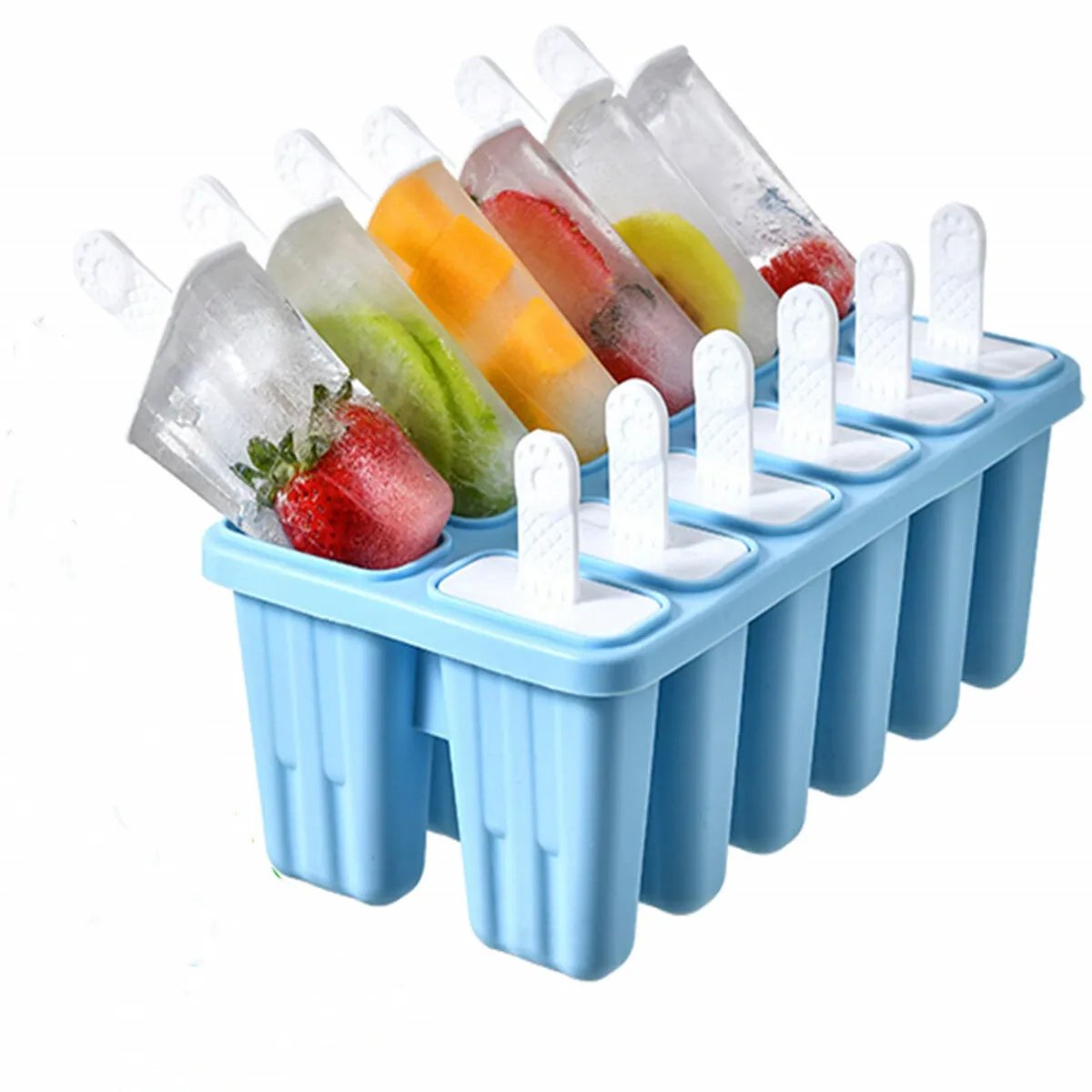 10 ijsvormpjes Food Grade ijslollyvormpjes Gemakkelijk te verwijderen ijsvormpjes Siliconen - Herbruikbare ijsvorm BPA-vrije ijslollyvormpjes met 10 stokjes Reinigingsborstel Recepten (Blauw))