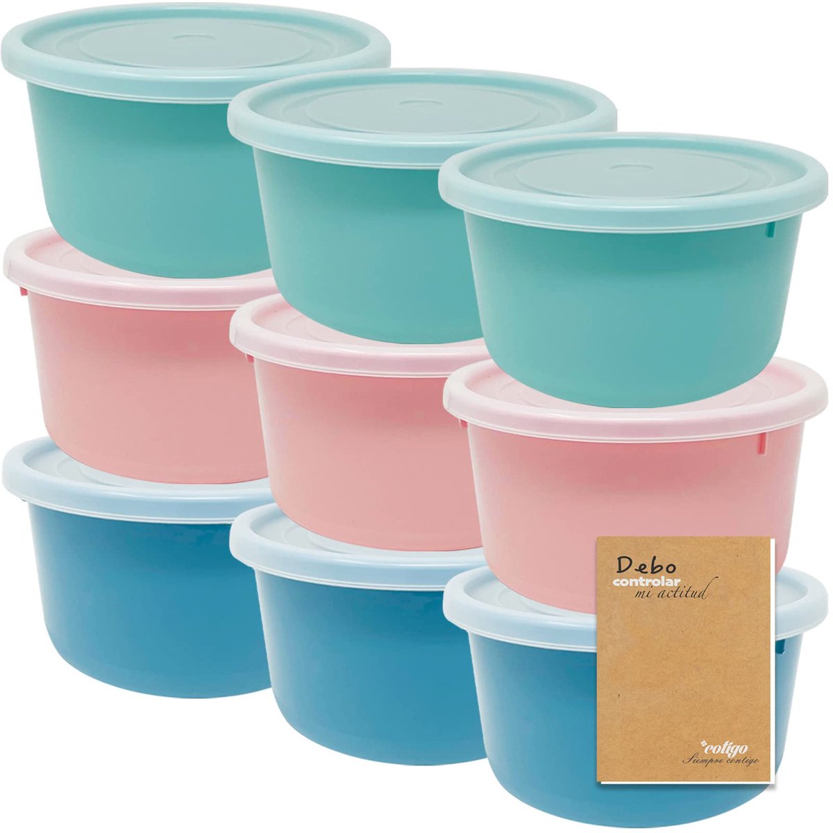 Codil Plastic Voedselcontainers, Rond, Klein, Herbruikbaar, BPA-vrij, Containers met deksels, Vaatwasser-, Magnetron- en Vriezerbestendig (Roze, Groen en Blauw, 9 x 0,6 l)