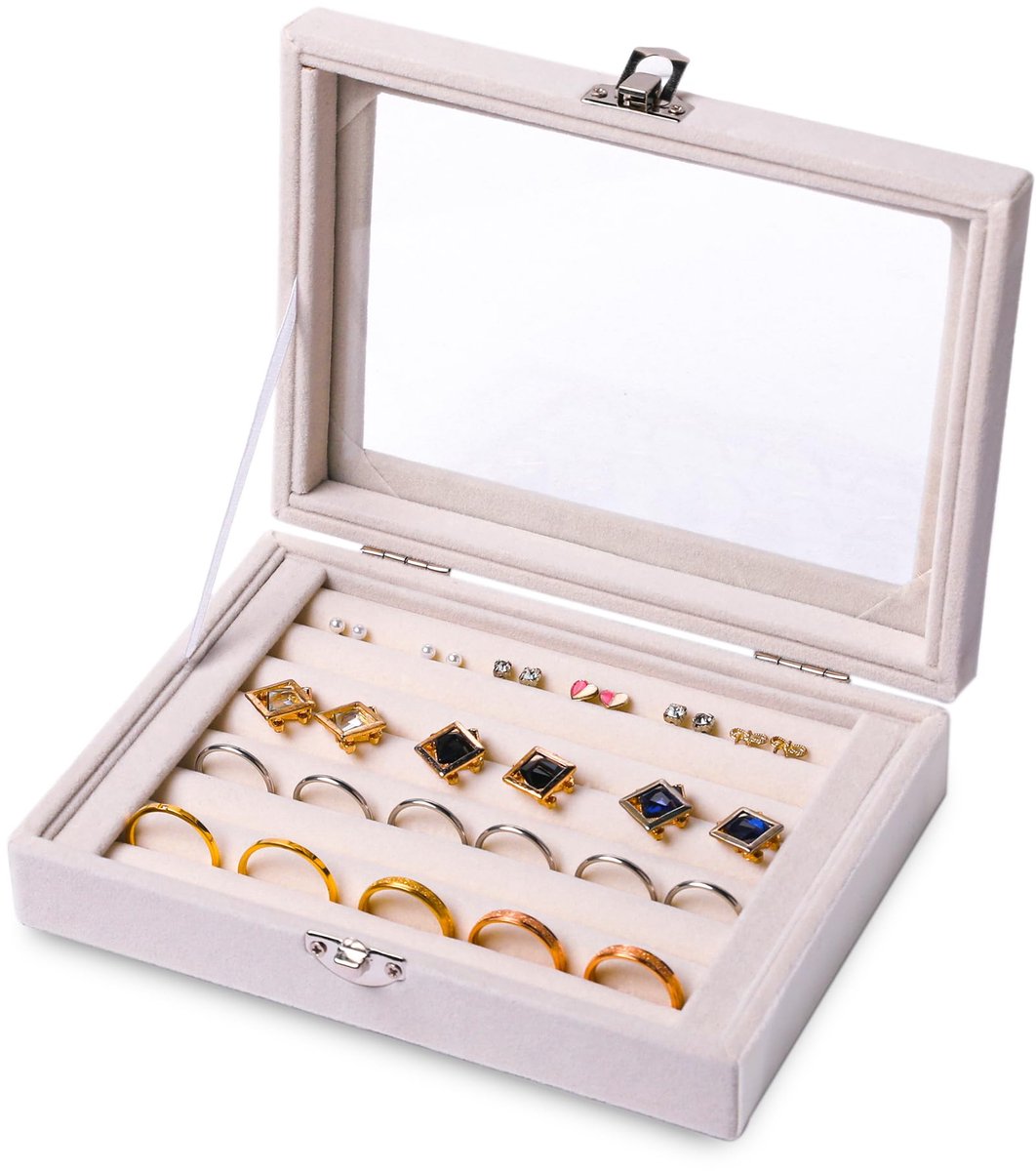 Frebeauty Ringen/Oorbellen Organizer Tray met Transparante Deksel, 7 Vakken, Fluwelen Lade-inzetstuk, Sieraden Opbergdoos, Sieraden Display Case, Sieradendoos, Cadeau (Beige, 7 Vakken)
