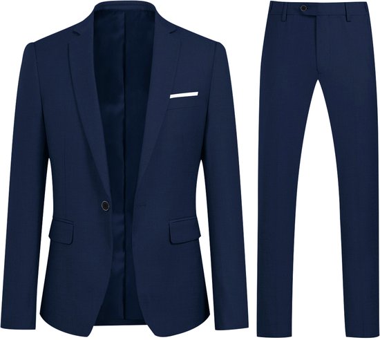 Donkerblauwe blazer en broek, blazer met één knoopsluiting en witte borstzak.