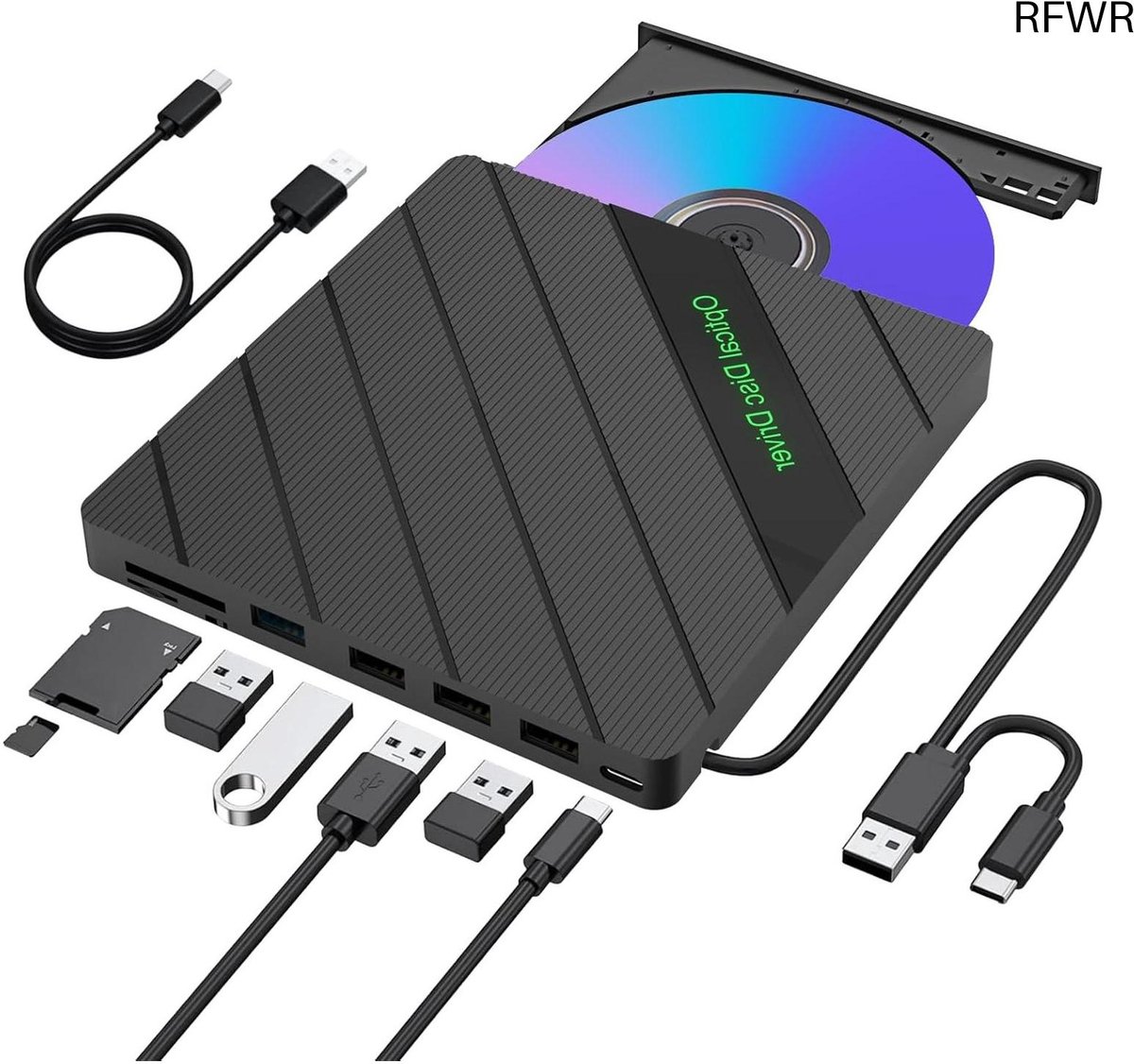 RFWR® 8-in-1 Externe CD/DVD Drive voor Laptop met USB 3.0, TF/SD Kaartslots en USB-Hub