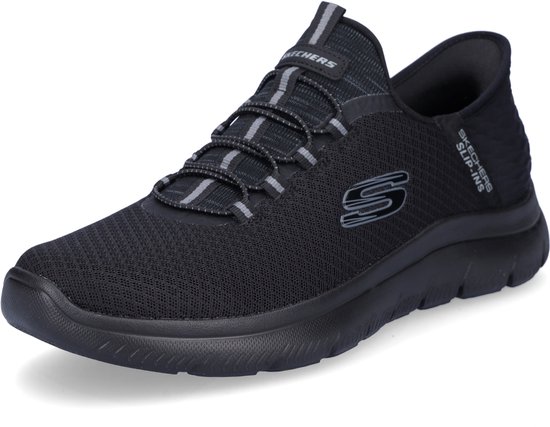 Zwarte Skechers Slip-ins sneaker, van de zijkant gezien, met grijze veters en een logo op de zijkant.