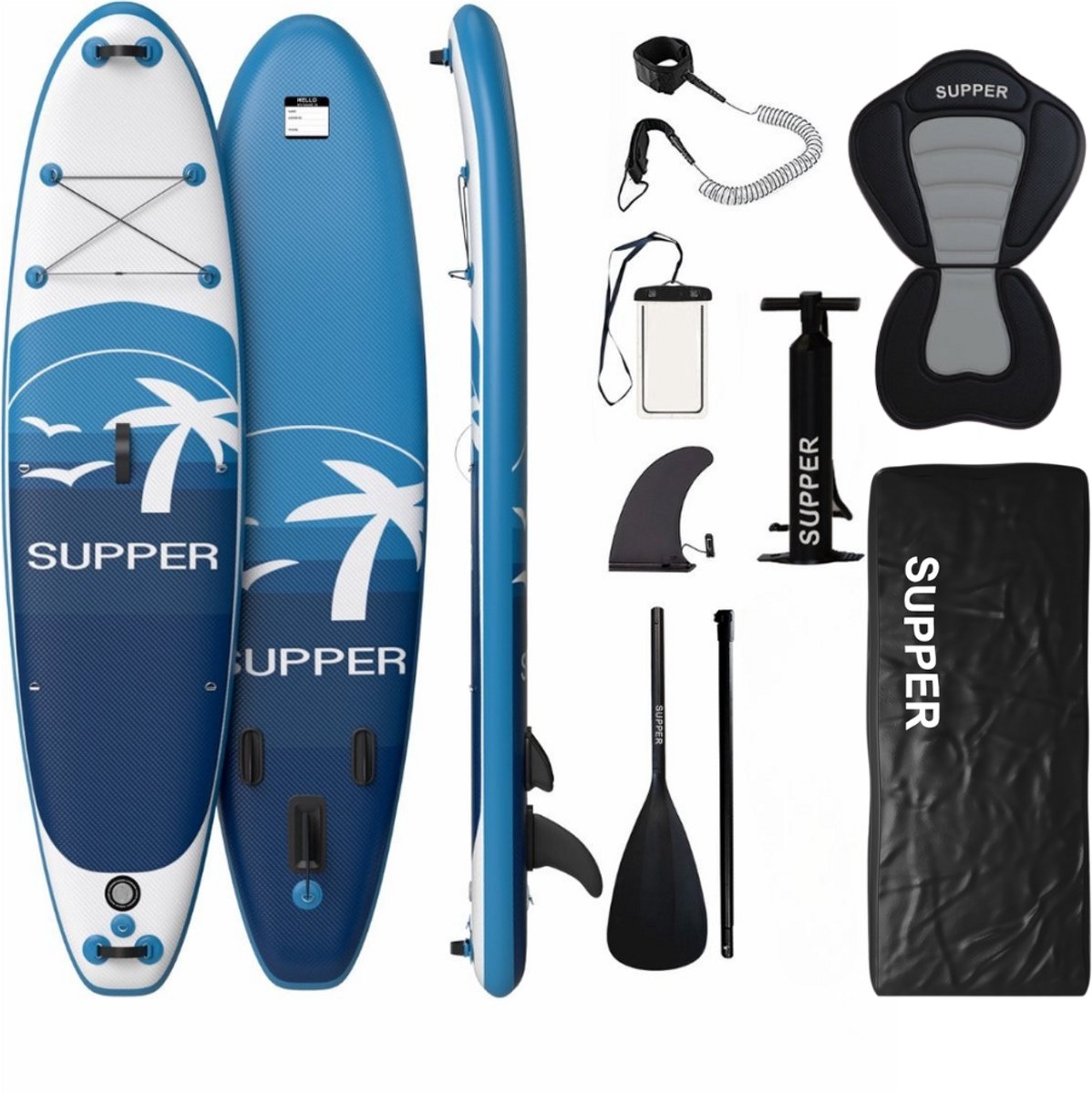 Supper Sup Board XL - Max. 220KG - Opblaasbaar – Paddle Board – Waterdicht Telefoonhoesje – Zitje - Pomp – Vin – Leash – Draagtas – 335 x 81 cm