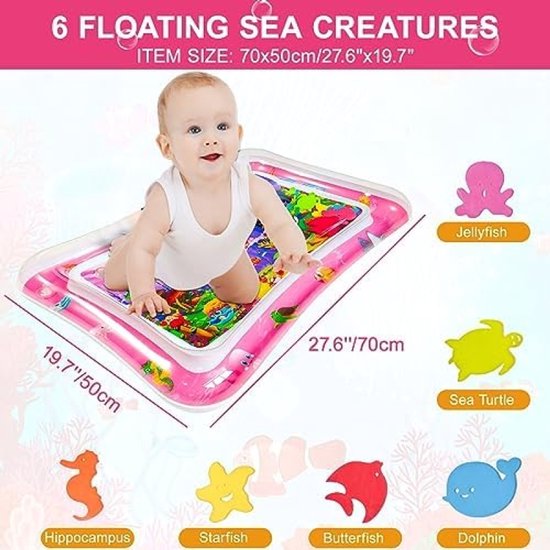 Baby Watermat, 70x50cm Opblaasbare Buiktijd Watermat met 6 Zeedieren, Veilige Waterspeelmat met Sensorisch Speelgoed voor Baby's van 3-36 Maanden, Draagbare Reisactiviteitenmat (Roze) van Merkloos — afbeelding 3