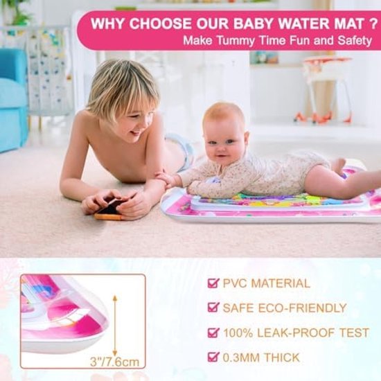 Baby Watermat, 70x50cm Opblaasbare Buiktijd Watermat met 6 Zeedieren, Veilige Waterspeelmat met Sensorisch Speelgoed voor Baby's van 3-36 Maanden, Draagbare Reisactiviteitenmat (Roze) van Merkloos — afbeelding 4