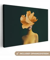 Canvas schilderij 30x20 cm - Exclusieve wanddecoratie Vrouw - Hoed - Geel - Muurdecoratie woonkamer - Slaapkamer decoratie - Kamer accessoires - Schilderijen op canvas