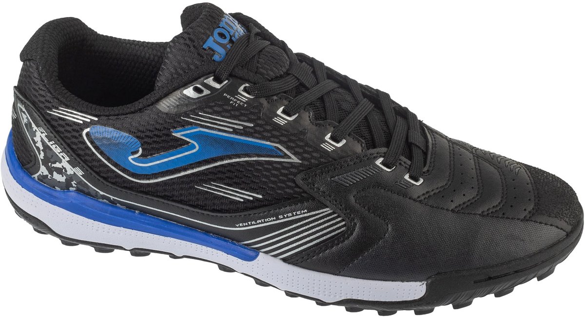 Zwarte Joma Liga-5 turf voetbalschoenen voor mannen, maat 41, met synthetisch leren bovenwerk en blauwe accenten.