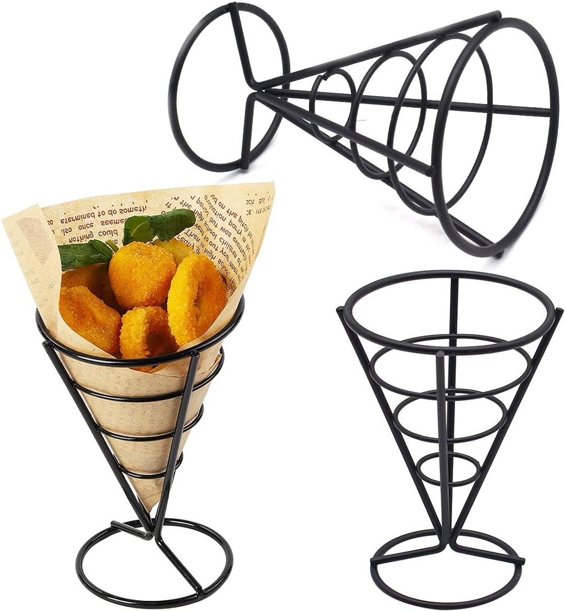 3-Delige Zwarte Conische Frietstandaard - Stevige Houder voor Frietjes voor Familie Restaurants Cafés Bars Snackbars - Ideaal voor Bruiloften en Feesten