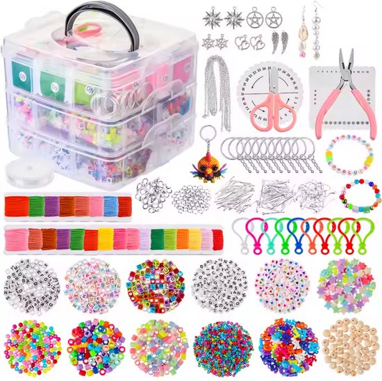Een grote knutselset voor het maken van sieraden, compleet met opbergbox, kralen, draden, tangen en diverse bedeltjes.