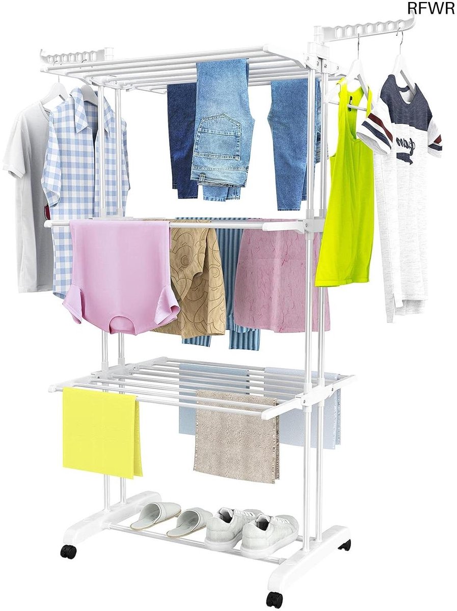 RFWR® Droogrek met wieltjes - 4-laags toren-droogrek met inklapbare vleugels en zijvleugels