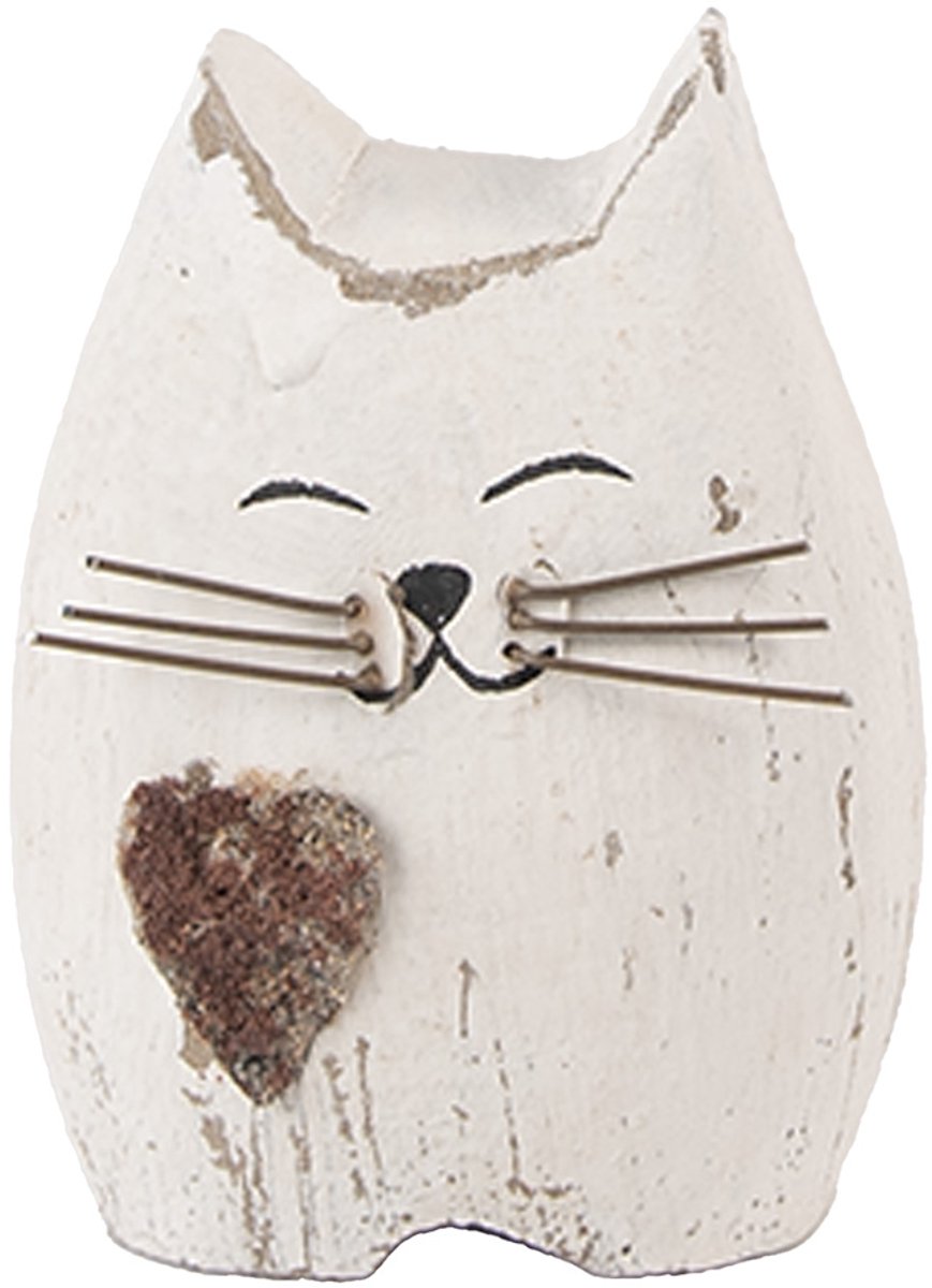 Clayre & Eef Decoratie Beeld Kat 6x4x7 cm Wit Bruin Hout