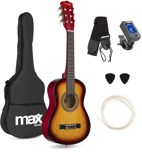 Guitare acoustique Kinder - MAX SoloArt 1/4 - Avec cours de musique et accessoires gratuits - Sunburst