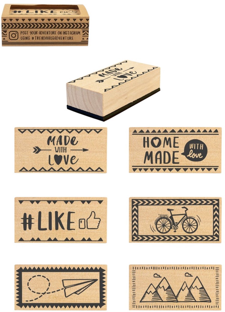 Stempel - ADVENTURE - Houten Stempels – 6 x 3 x 2.3 - Set van 6