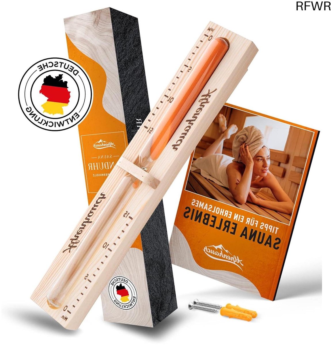 RFWR® Natuurlijke houten sauna zandloper 15 minuten met veiligheidsglas - Luxe saunablok en handdoek inbegrepen