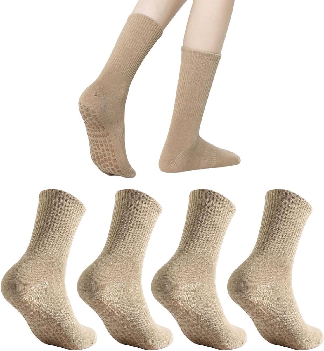 Allecto Plus - 2 paar antislip sokken voor dames en heren - sport sokken met rubberen stippen - ideaal voor yoga, pilates, fitness - bruin - vechtsport accessoire
