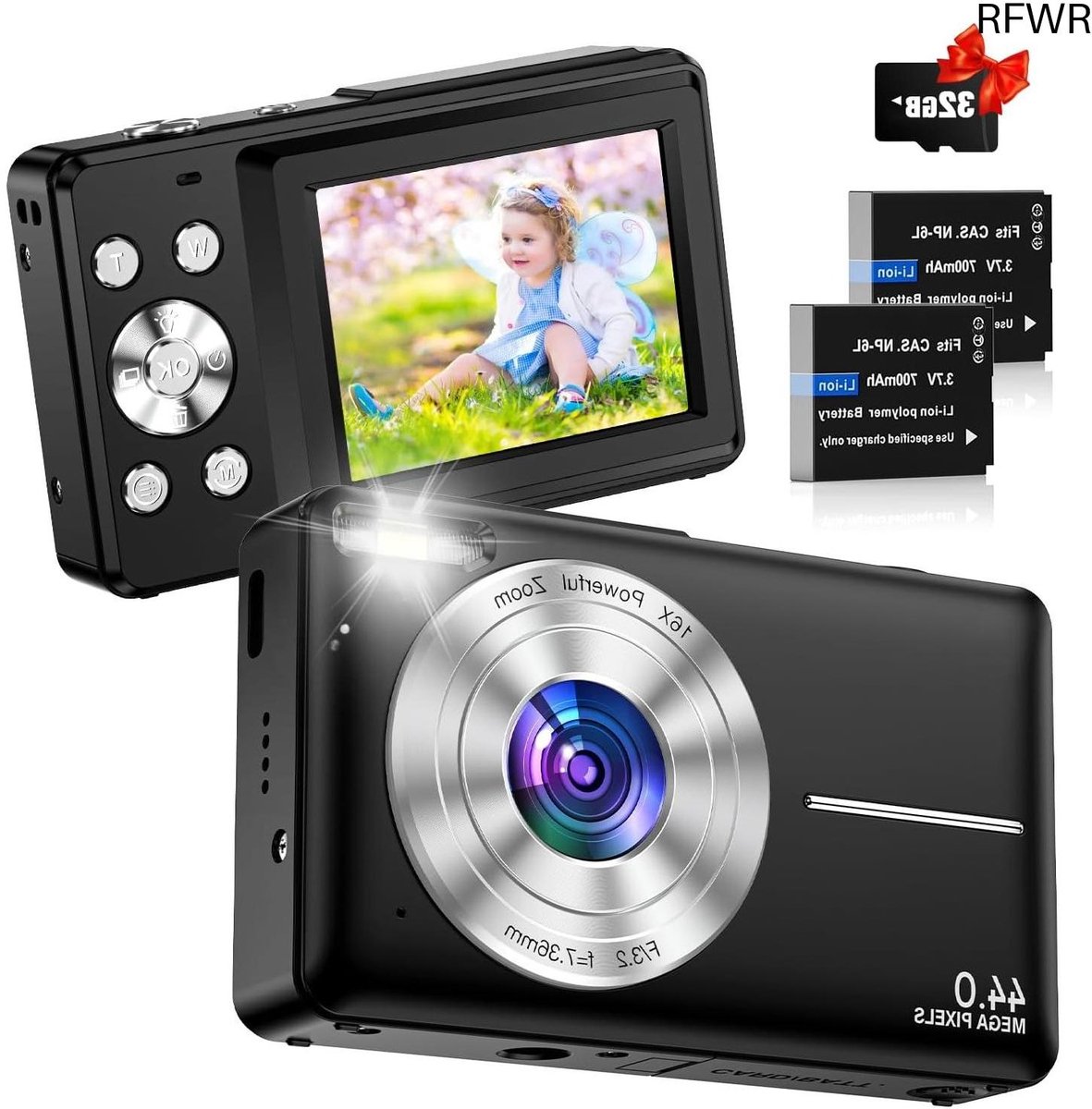 RFWR® Compacte digitale camera met 44 MP en 1080p video voor beginners