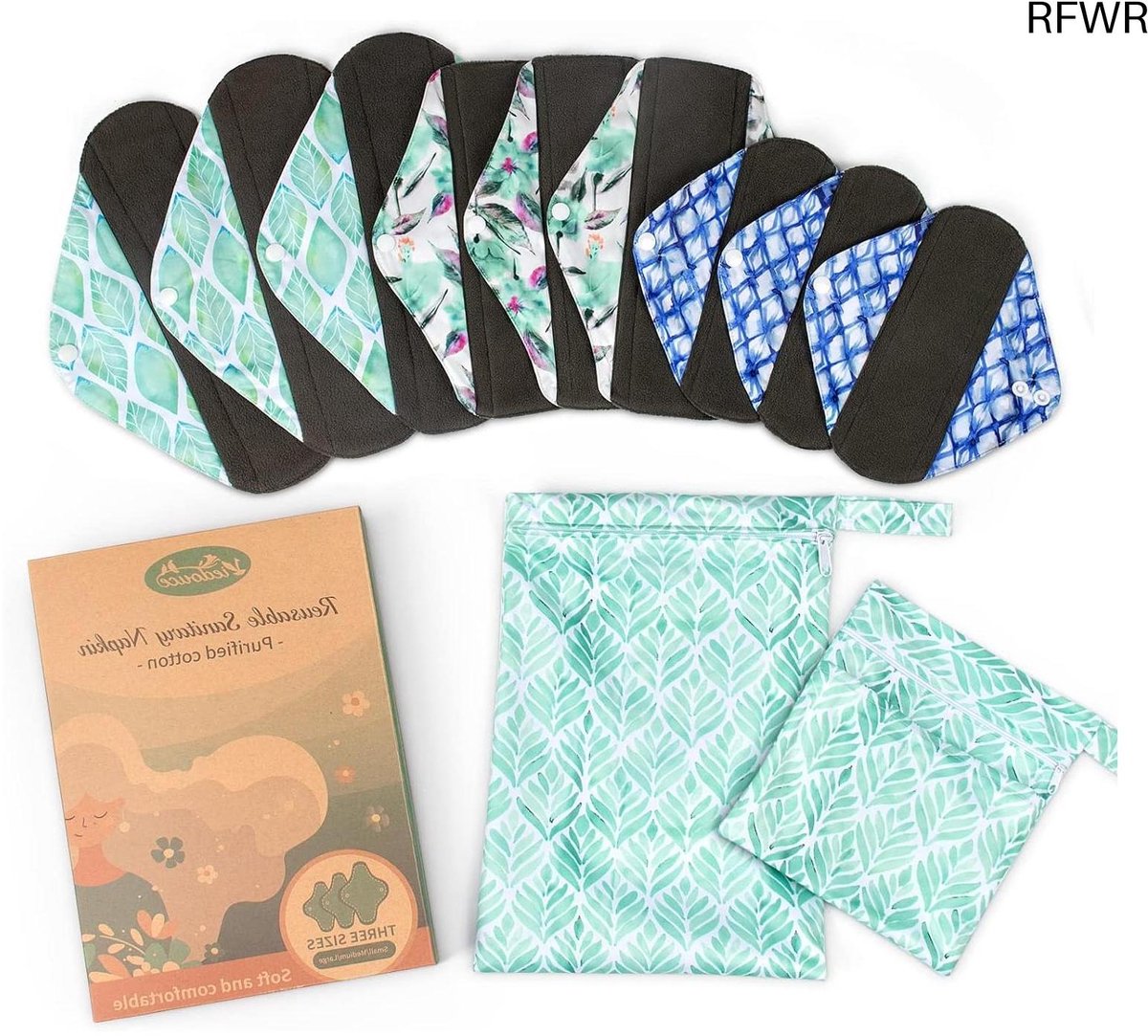 RFWR® Herbruikbare maandverbanden met bamboe, superabsorberend en waterdicht - Set van 9 stuks met opbergzakken