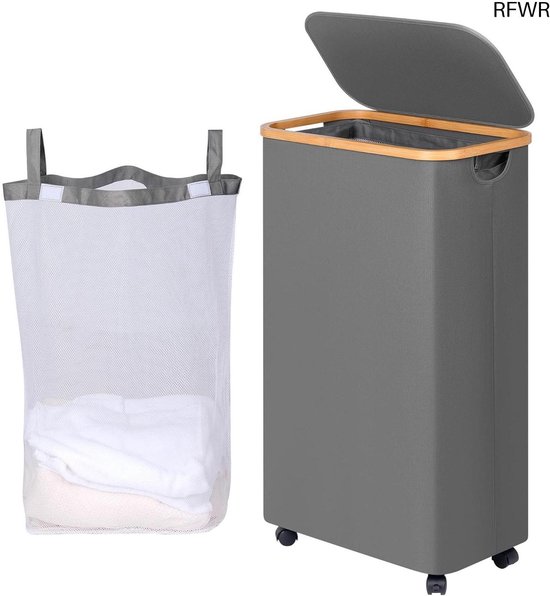 Lifewit Opvouwbare wasmand met deksel, wasmand met bamboe handgrepen en afneembare waszak, wasmand voor kleding, opbergmand voor badkamer, slaapkamer, slaapzaal, 100 liter, zwart