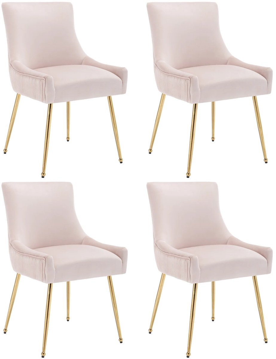 Corenia Eetkamerstoel – Stoel – Dining Chair – Velours Stoel – Set Van 4 - Gewatteerde Stoel – Metalen Pootjes – Ergonomisch Ontwerp - Roze