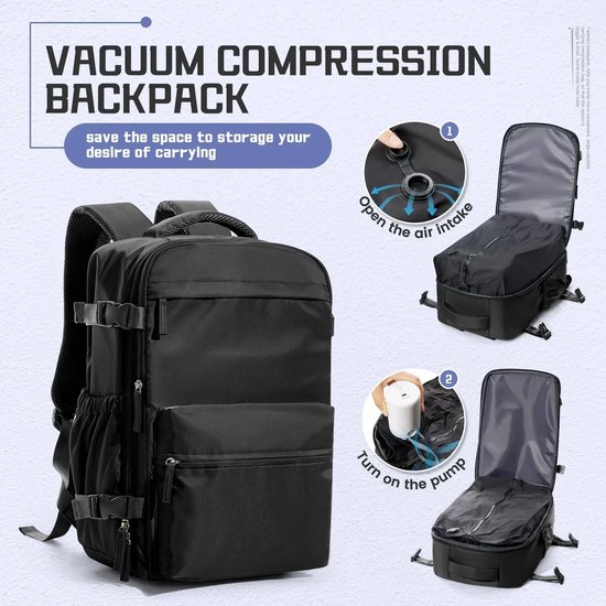 Sac à dos à compression sous vide - Sac à dos pour ordinateur portable 15,6 pouces - Extensible pour Voyages, Marche et Bagage à main 40 x 20 x 25 cm - Hydrofuge - Zwart
