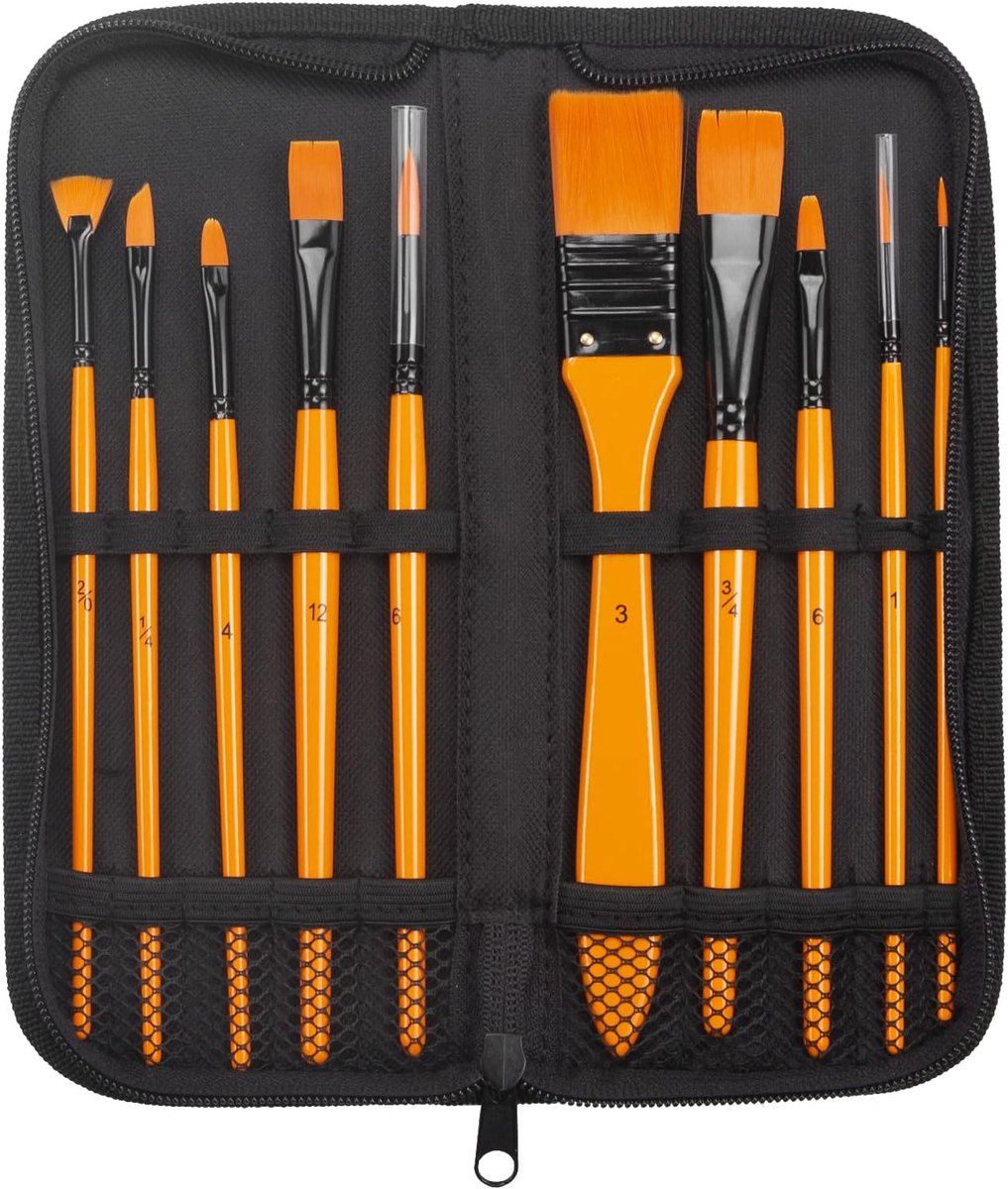 Set acrylverfkwasten - 1 pak/10 stuks aquarelkwasten, schilderkwast, nylon haarkwasten voor olieverf, aquarelschilderen, professionele kits voor kunstenaars, oranje