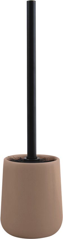 Taupekleurige toiletborstel met houder en zwarte steel.