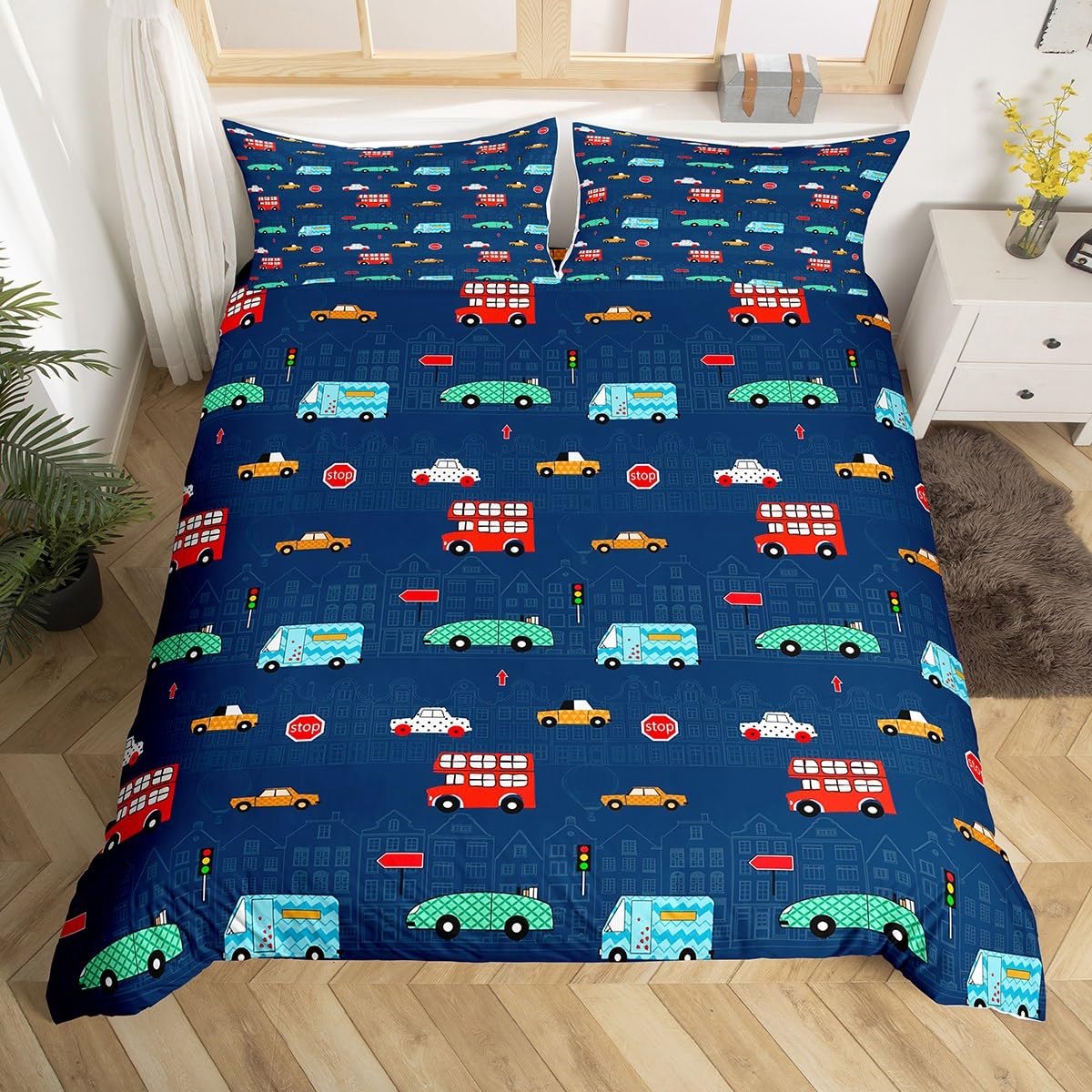 Ibenzoa Auto- en heteluchtballon beddengoedset voor kinderen en tieners, modern ontwerp blauw, rood, groen