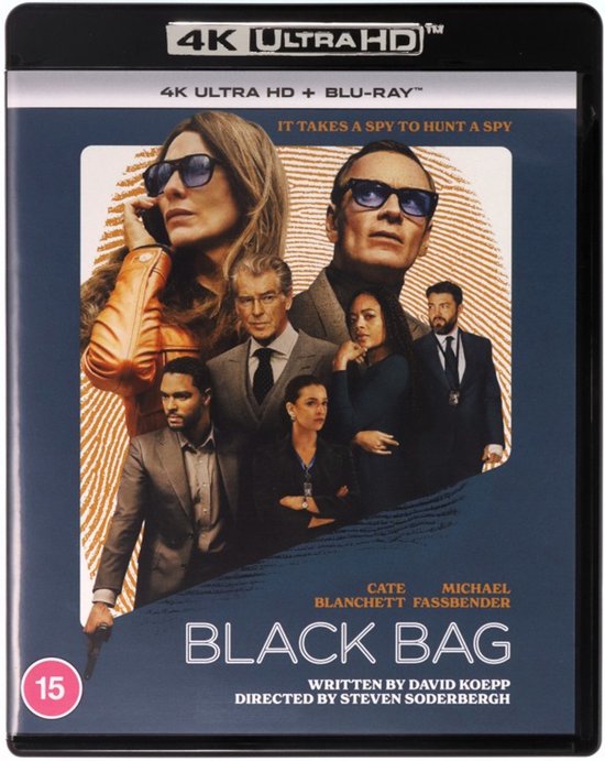 Voor- en achterkant van de Blu-ray hoes van Black Bag met een collage van filmstills van de cast en de titel.