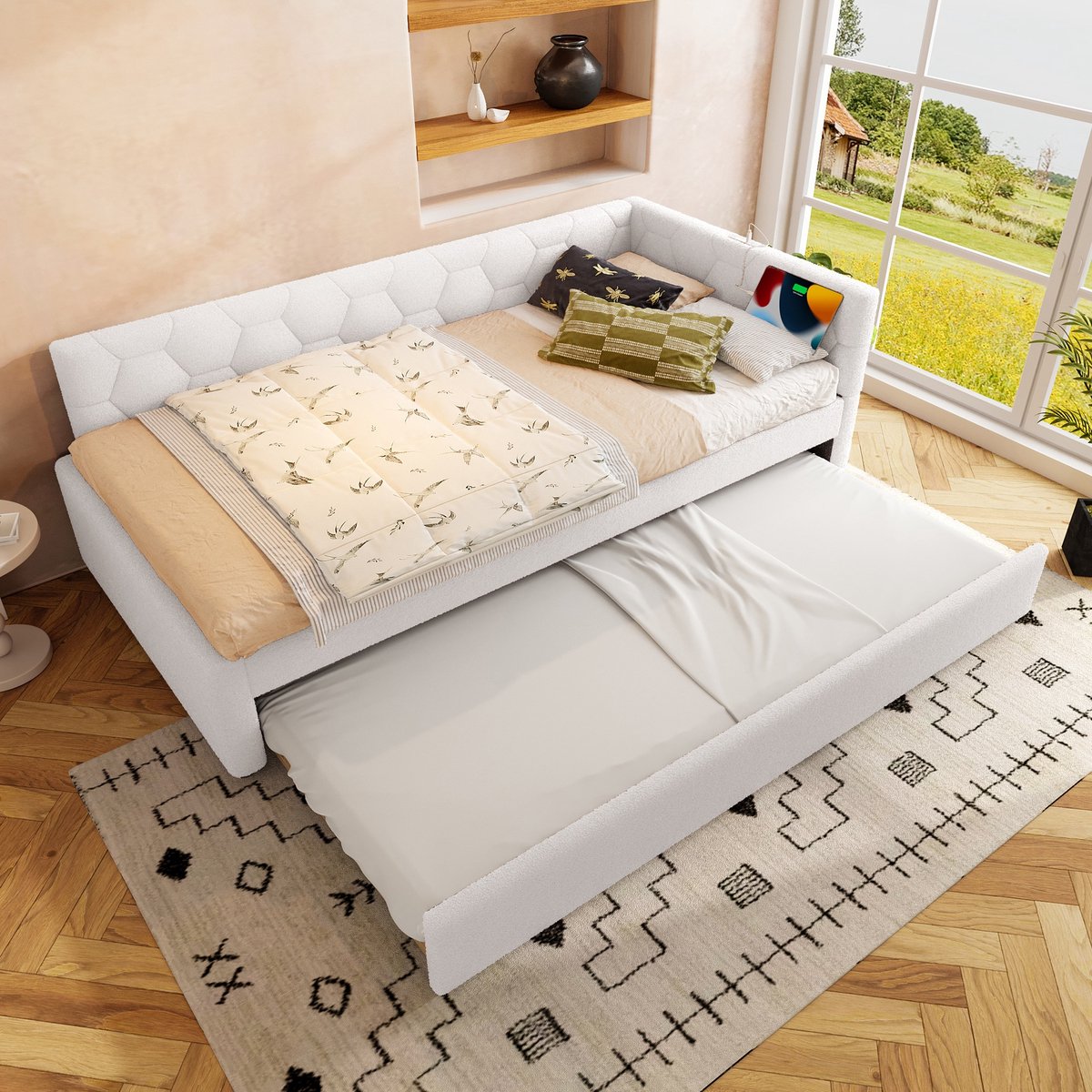 Sweiko Slaapbank - 90 x 200 cm - Bedlamp - Met uitschuifbaar bed - USB Type-C - Imitatievilt - Wit