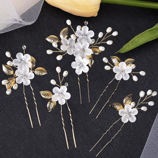 Épingle à cheveux mariée - Épingle à cheveux mariage - Épingle à cheveux mariée - Épingle à cheveux fleurs - Fleur - Set de 5 Épingles à cheveux mariage - Accessoire cheveux - Goud