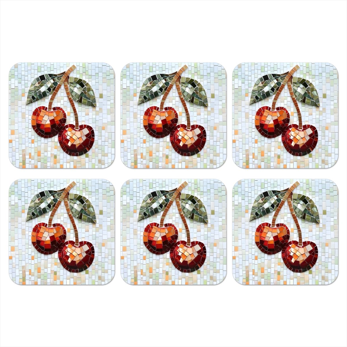 Onderzetters voor glazen - Kersen - Rood - Mozaïek - Blaadjes - 10x10 cm - Glasonderzetters - 6 stuks