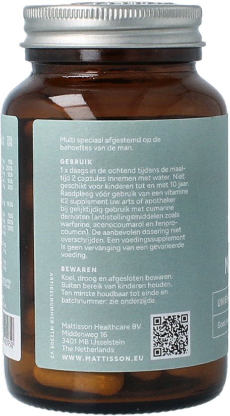 Achterkant van een bruine glazen pot Mattisson Vegan Multi Man met etiket waarop gebruiksaanwijzing staat.