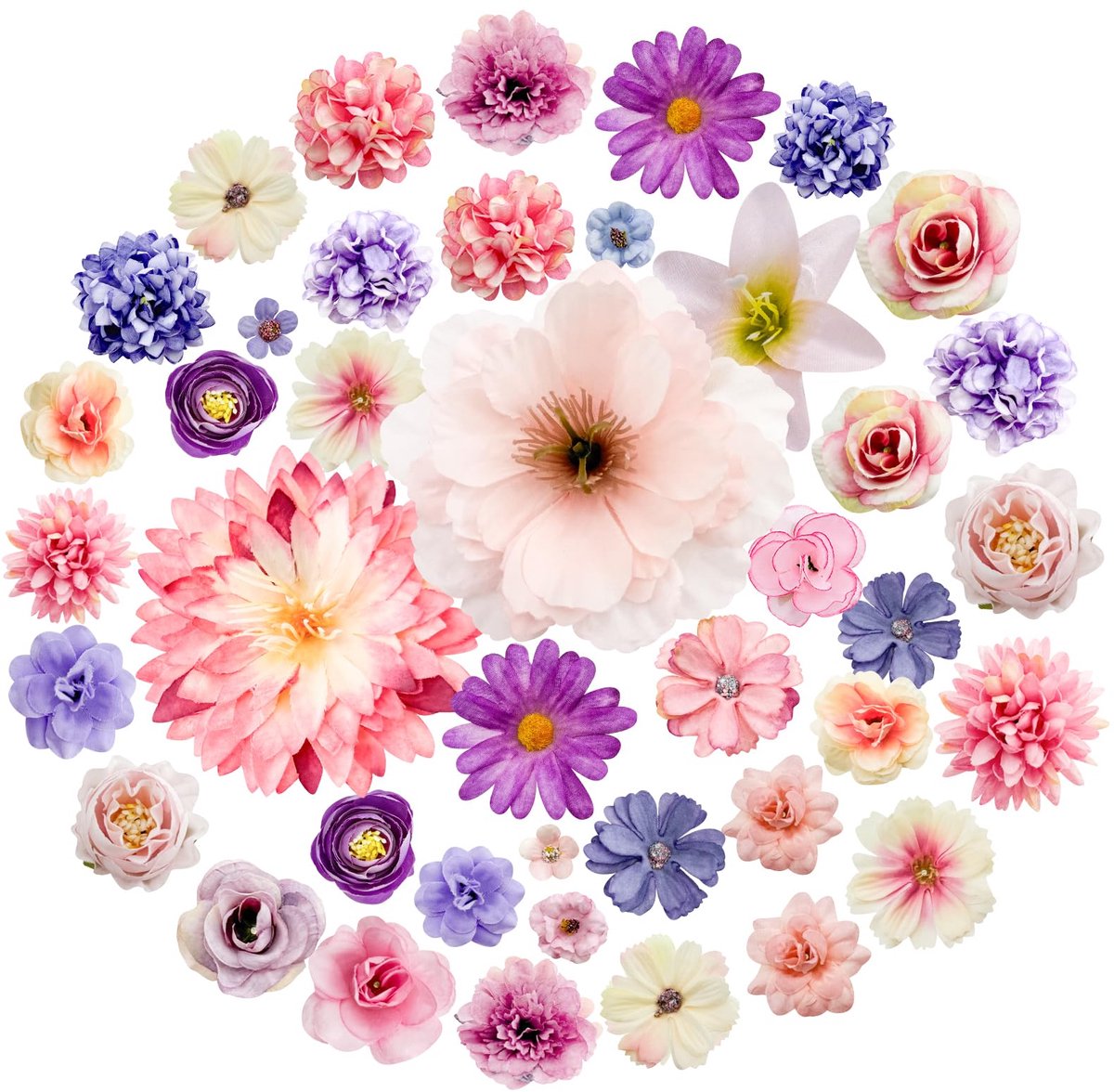 Ibenzoa 48 stuks Kunstbloemen hoofden voor knutselen, 2.5-9 cm decoratieve bloemhoofden in roze en paars