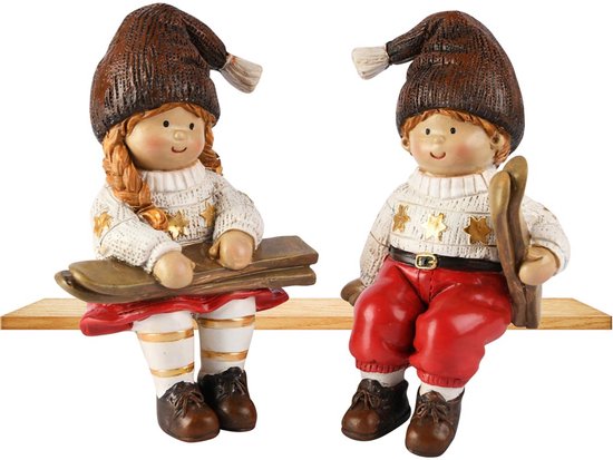 Décoratif | Enfant d'hiver assis avec des skis, rouge/blanc, résine, 8x6x15cm, lot de 2 | A255238