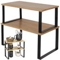 Grote Ruhhy aanrecht rek met twee bamboehouten planken, zwart metalen frame. Klein rekje met accesoires ernaast.