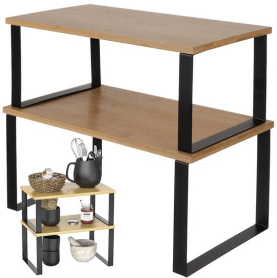 Grote Ruhhy aanrecht rek met twee bamboehouten planken, zwart metalen frame. Klein rekje met accesoires ernaast.