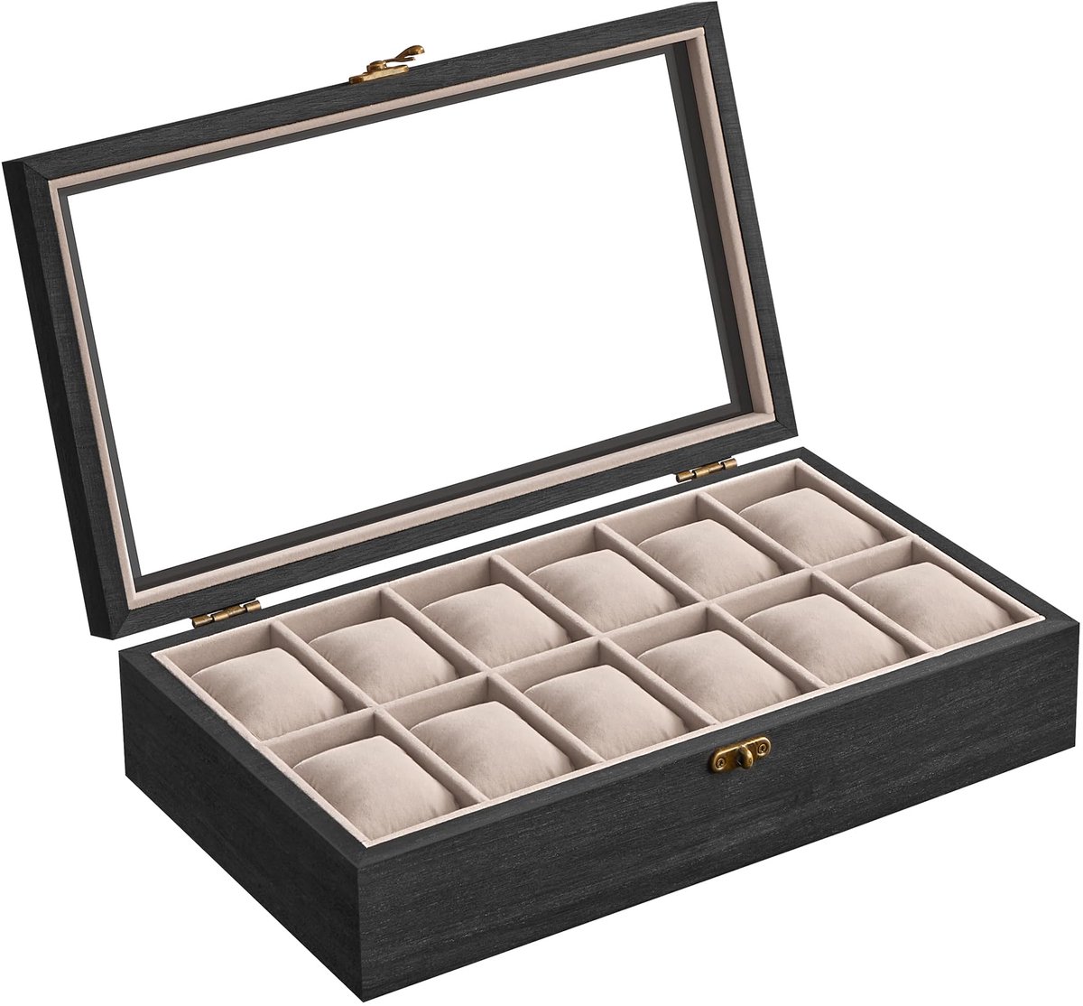 SONGMICS Horlogebox met 12 compartimenten, massief houten horlogekast met glazen deksel en horlogekussen, cadeau voor uw dierbaren, ebbenhoutzwart JOW120B01
