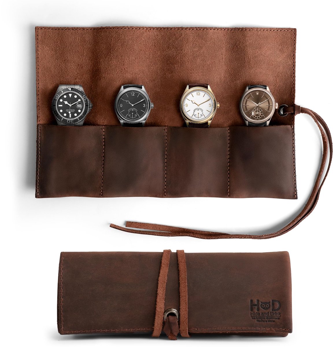 Hide Drink, horlogerol organizer met 4 compartimenten, opbergdoos, sieradenrol, gemakkelijk mee te nemen, volnerf leer, handgemaakte reiskoffer, bourbonbruin