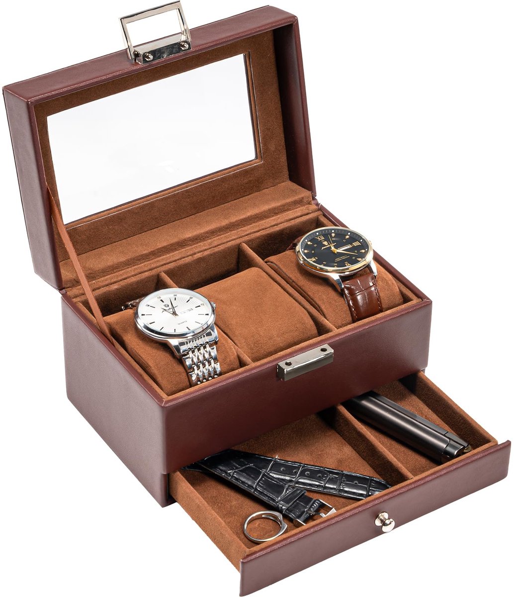 ProCase horlogebox met 3 compartimenten, horlogebox met glazen deksel, horlogekast met uitneembare horlogekussentjes, horlogebox - Espresso