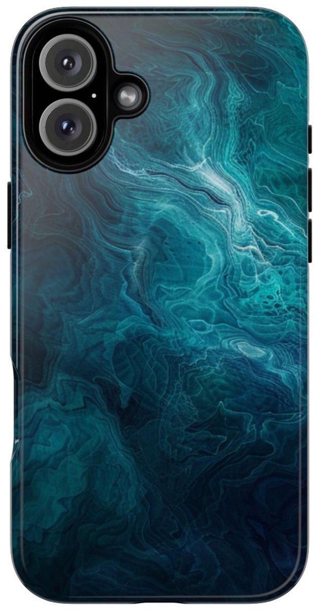 Mystieke Blauwe en Teal Abstracte Krullen – Telefoonhoesje Geschikt voor iPhone 16 Plus