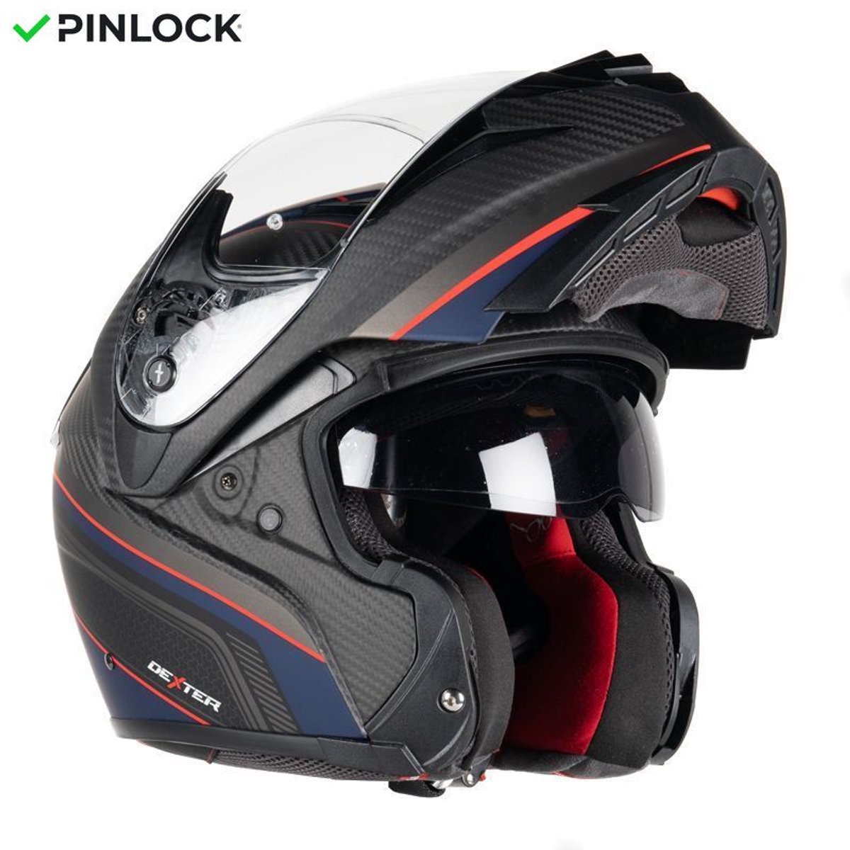 MOTOBLOUZ ADRON CARBON DECAL MAT 22.06 Systeemhelm - Motorhelm ECE 22.06 Gekeurd - Scooterhelm & Brommerhelm - Heren & Dames - Mat koolstofblauw/rood - S