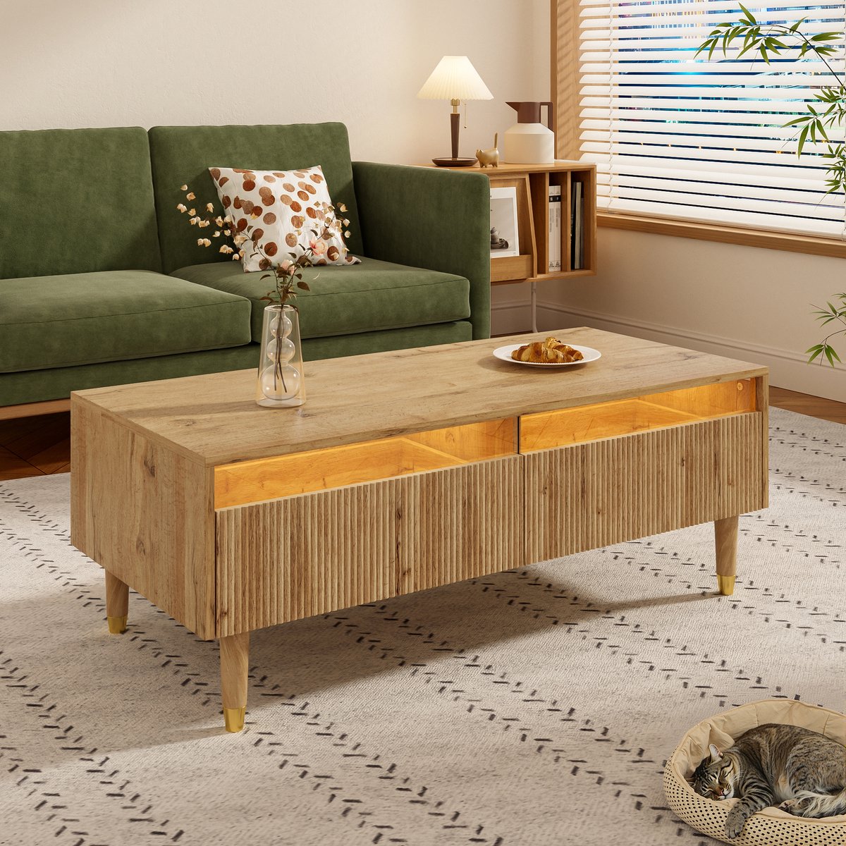 SINGULARITY Kafietafel - Golvende ladefronten - LED-verlichting - Goudkleurige houten poten - Twee laden - Houten kleur