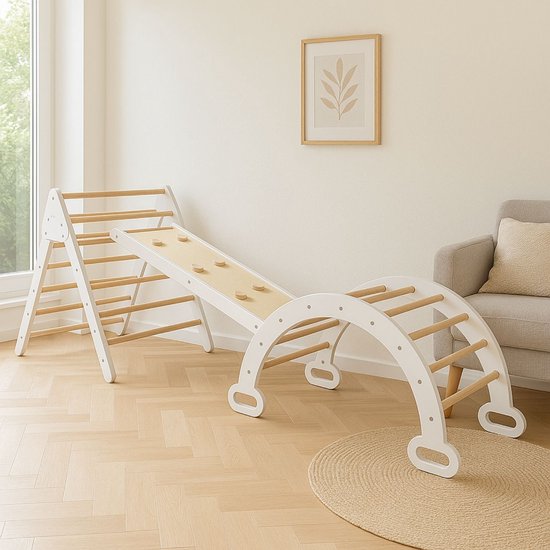 Maxx Kidz - Houten Klimrek - Pikler Driehoek met Glijbaan - Klimboog voor Binnen - Baby Speeltoestel - Hout Peuter Speelgoed - Leerzame Klimdriehoek